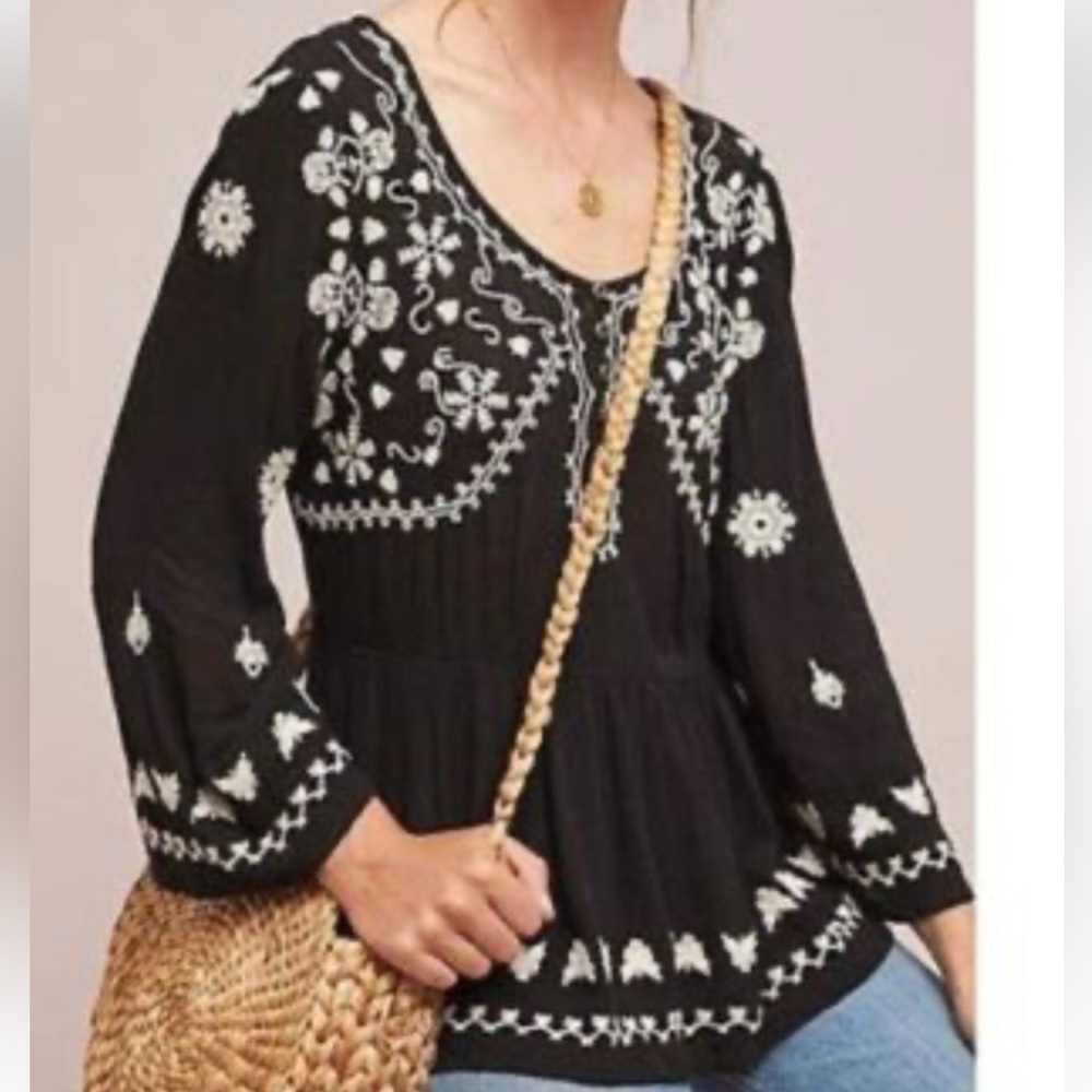 Anthropologie black embroidered tunic top blouse